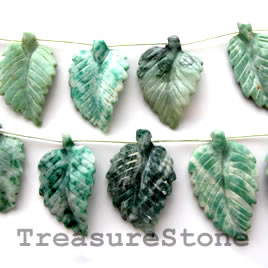 Bead, jade (dyed), 18x30mm carved leaves. Sold per pkg of 16.