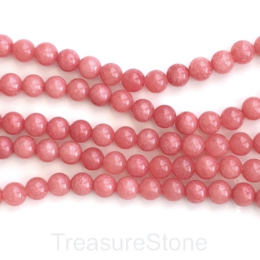 Bead, jade (dyed), coral peach, 6mm, round. 15", 62 pcs