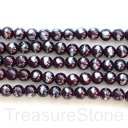 Bead, jade (dyed), garnet red, silver foil, 8mm round, 16",49pcs