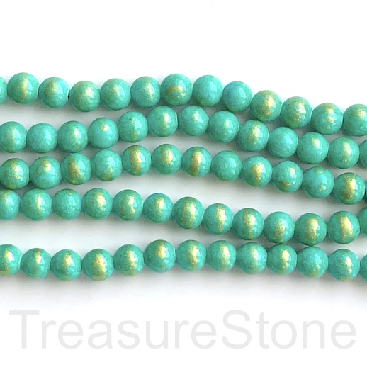 Bead, jade, dyed, amazonite green, gold foil,8mm round, 15.5",48