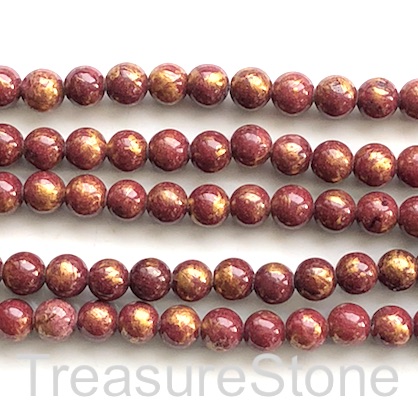 Bead, jade (dyed), brown, gold foil, 8mm round, 16",52