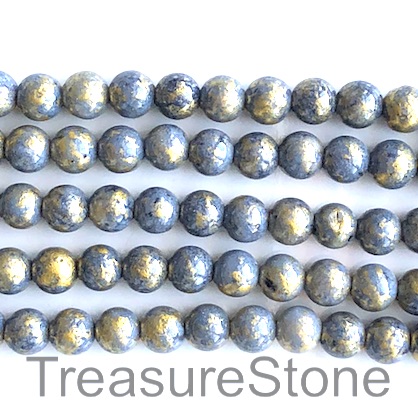 Bead, jade (dyed), grey, gold foil, 8mm round, 16-inch, 52pcs