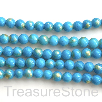 Bead, jade (dyed), turquoise blue, gold foil, 8mm round, 16",52