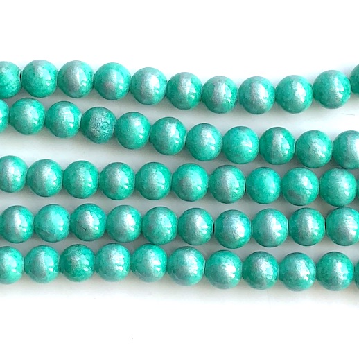 Bead, jade (dyed), mid green, silver foil, 8mm round, 16", 49pc