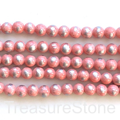 Bead, jade (dyed), peach pink, silver foil, 8mm round, 16",49pcs