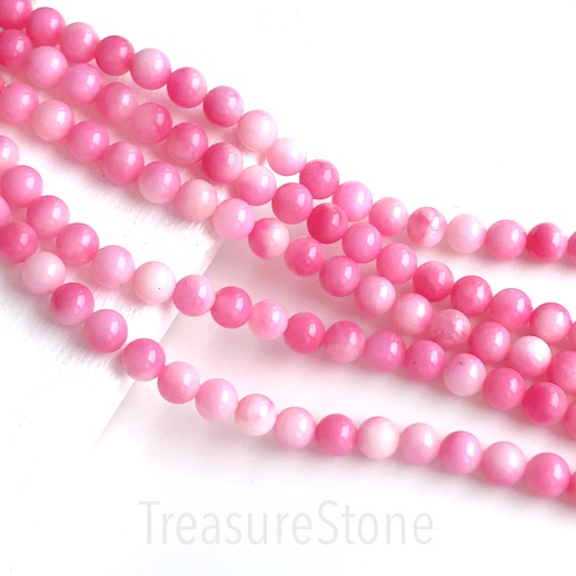 Bead, dyed jade, 2023 pink white, 8mm round. 15-inch/ 48pcs - Click Image to Close