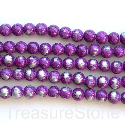 Bead, jade (dyed), purple, silver foil, 8mm round, 16", 49pcs