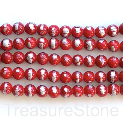 Bead, jade (dyed), red, silver foil, 8mm round, 16", 49pcs