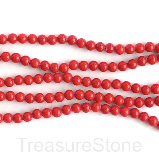 Bead, dyed jade, red, 4mm round. 15-inch/ 93pcs