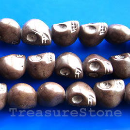 Bead, dyed turquoise, brown, 12x13mm skull. 16-inch.