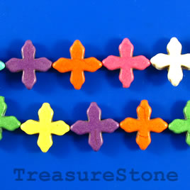 Bead, dyed turquoise, 20mm cross, mixed color. 15.5-inch