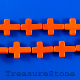 Bead, dyed turquoise, 12x17mm cross, orange. 16-inch