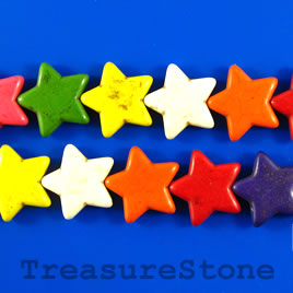 Bead, dyed turquoise, 20mm flat star, mixed color. 16-inch