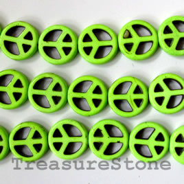 Bead, dyed turquoise, lime green, 15mm peace symbol. 15-inch.