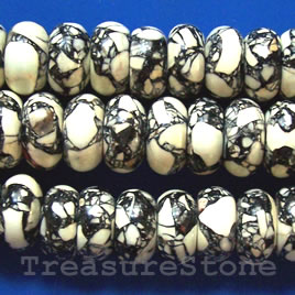 Bead, processed turquoise, 7x15mm, white+black rondelle. 16 inch