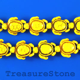 Bead, dyed turquoise, 15x18mm yellow turtle. 15.5-inch strand.