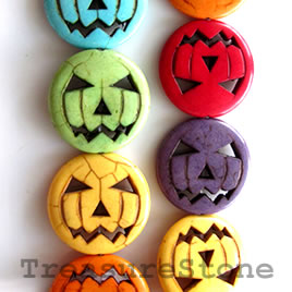 Bead, dyed turquoise, mixed color, 30mm jack-o-lantern. 12pcs - Click Image to Close