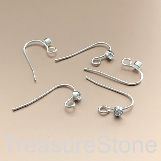 Earwire, silver-plated brass, fishhook with diamond. 3 pairs