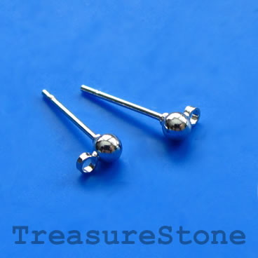 Ear stud, Rhodium-finished brass, 3mm ball, closed loop.12 pairs
