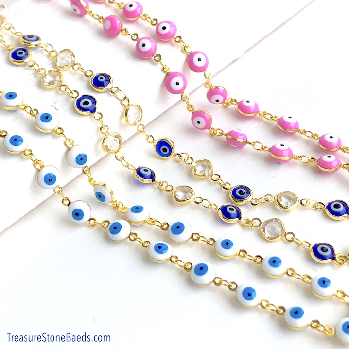 Rosary Chain, beaded, brass link, gold, 7mm pink evil eye, 1m