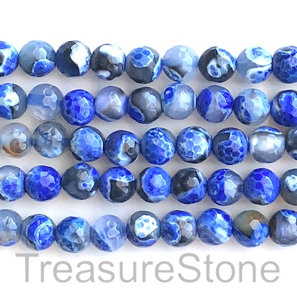 Bead, fire agate, dyed, blue 2, 8mm faceted round. 15", 48pcs