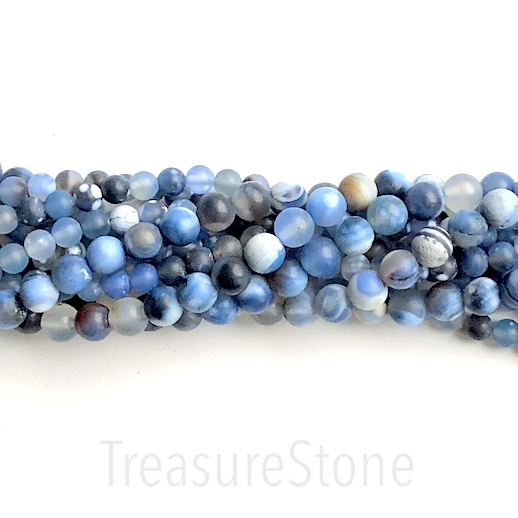 Bead, agate (dyed), blue white black, 6mm round, matte. 15",62
