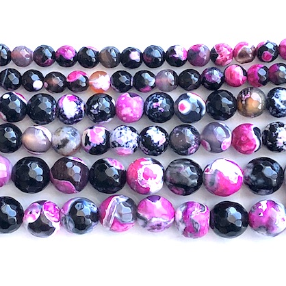 Bead, fire agate, dyed, fuchsia, 6mm faceted round. 15", 62pcs