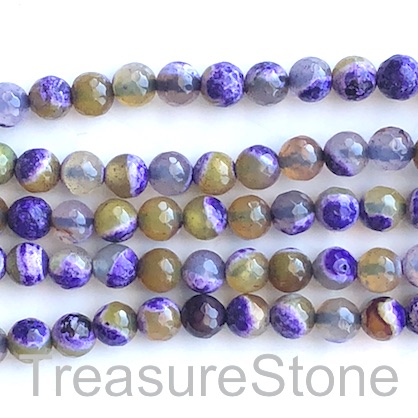 Bead, fire agate, yellow purple, 8mm faceted round. 15", 48