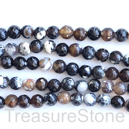 Bead, fire agate, dyed, brown black, 8mm faceted round. 15", 48