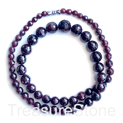 Bead/necklace, garnet, 4-12mm faceted round. 19 inch.