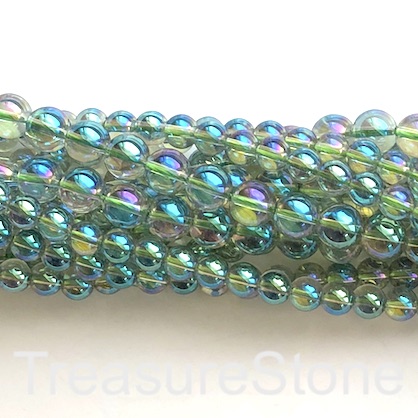 Bead, glass, 6mm round, green, AB coating. 15.5 inch, 68pcs