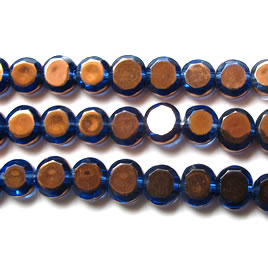 Bead, glass, blue and gold, 7mm flat round. 13-inch