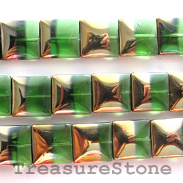 Bead, glass, green, 19mm flat square. 14pcs