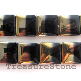 Bead, glass, black and gold, 20mm flat square. 14pcs