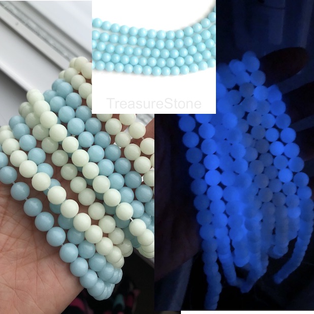 Bead,synthetic, glowing luminous, baby blue,8mm round. 15",45pcs