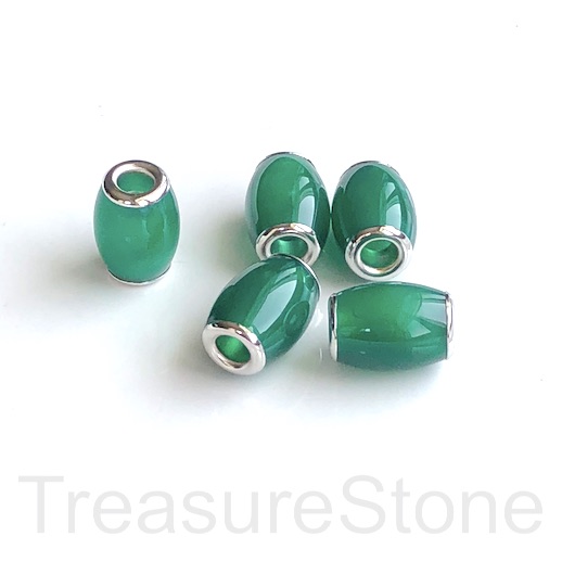 Bead,green agate, 10x15mm oval,silver center,large hole:3.5mm.ea