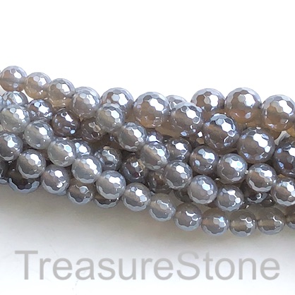 Bead, grey agate, 6mm faceted round, silver plated. 15", 64pcs