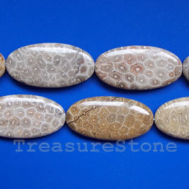 Bead, coral fossil, 20x40mm flat oval. 16-inch strand.