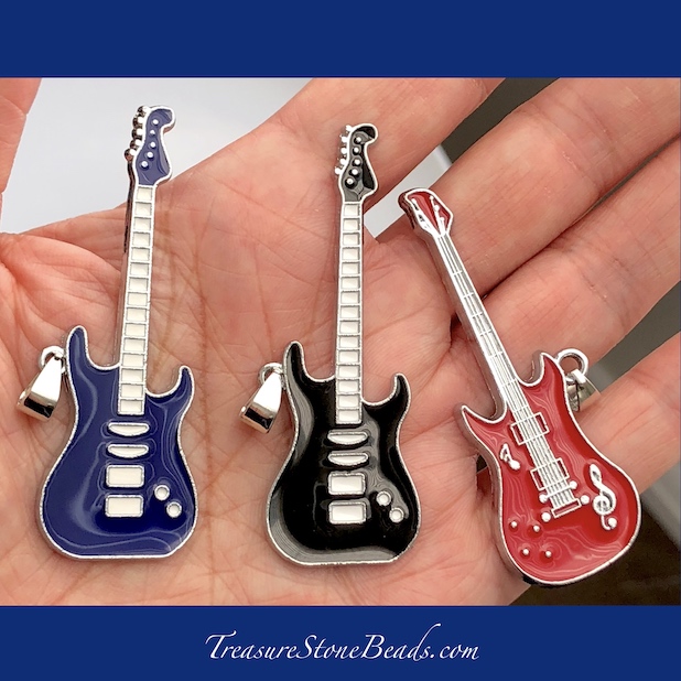 Pendant, stainless steel treated, blue, 21x58mm guitar. each