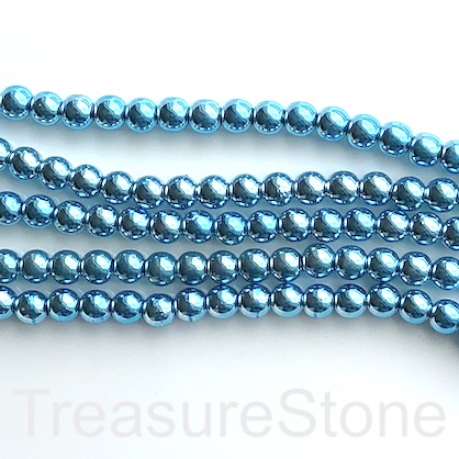 Bead, hematite, 6mm round, Aquamarine blue. 15-inch, 70