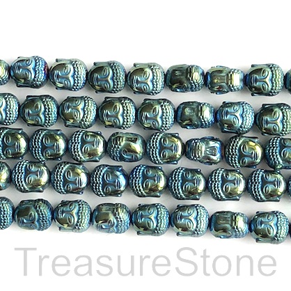 Bead, hematite, 9x10mm Buddha head, turquoise. 16-inch, 39pcs