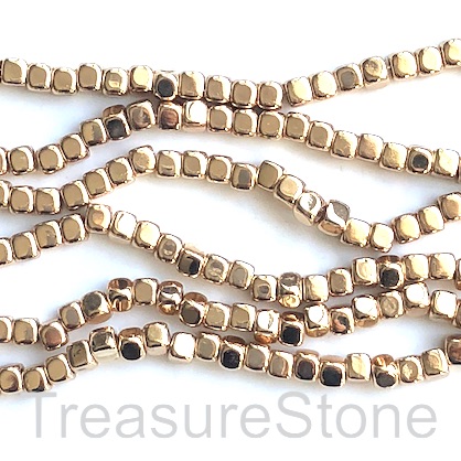Bead, hematite, 4mm cube, large hole 2.5mm warm gold,15.5" - Click Image to Close
