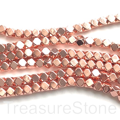 Bead, hematite, 4mm faceted cube4, rose gold. 15.5", 95