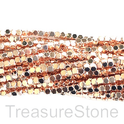 Bead, hematite, rose gold, 2mm faceted cube. 16-inch