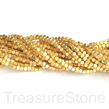 Bead, hematite, bright gold, 2mm faceted cube, matte. 16"