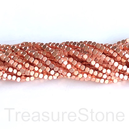Bead, hematite, rose gold, 2mm faceted cube, matte. 16-inch