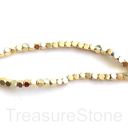 Bead, hematite, 4mm faceted cube, bright gold, matte. 16"