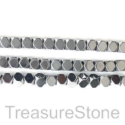 Bead, hematite, 4mm faceted cube, rhodium silver. 16-inch, 100pc