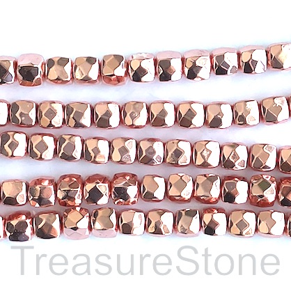 Bead, hematite, rose gold, 6mm faceted cube. 15.5", 62pcs