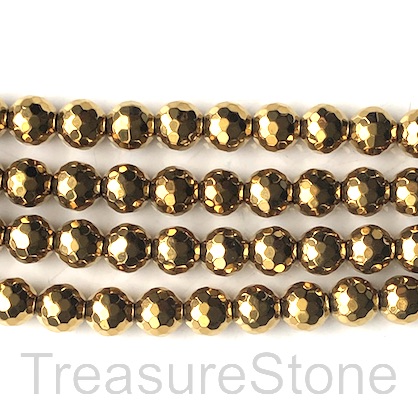 Bead, hematite, 6mm faceted round, gold. 15.5-inch, 67pcs